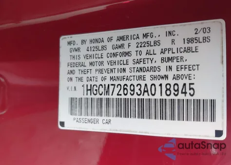 2003 Honda Accord 2.4 Ex из США, поврежденный, VIN 1HGCM72693A018945